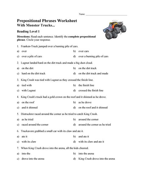 prepositional phrase worksheet with answers grade 6